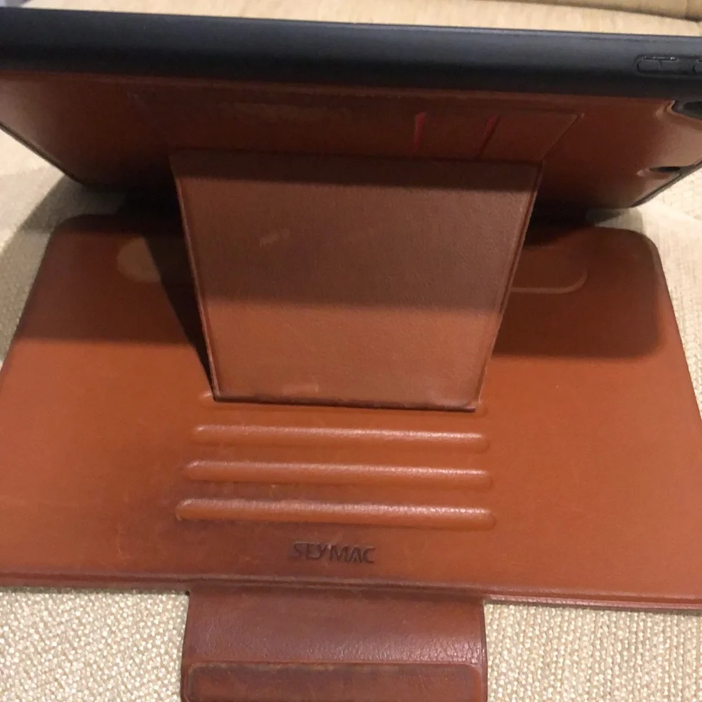 Seymac iPad leather adjustable height cover w/card slot & pen holder,used cognac